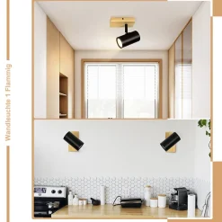 NETTLIFE Plafonnier 1 flamme Bois - Noir Plafonnier couloir Métal Rétro GU10 Plot de plafond pivotant Max.40W