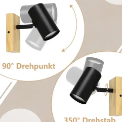 NETTLIFE Plafonnier 1 flamme Bois - Noir Plafonnier couloir Métal Rétro GU10 Plot de plafond pivotant Max.40W