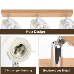 NETTLIFE Plafonnier 3 Spots blanc aspect bois,plafonnier E14,4 ampoules max 25w moderne pour salon chambre