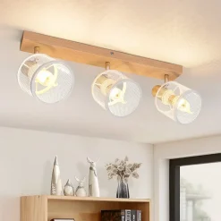 NETTLIFE Plafonnier 3 Spots blanc aspect bois,plafonnier E14,4 ampoules max 25w moderne pour salon chambre