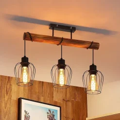 NETTLIFE Plafonnier 3 spots métal et bois noir E27 lampe de salon vintage en bois flammé au avec hauteur réglable sans ampoule