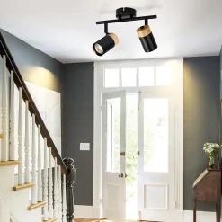 NETTLIFE Plafonnier 2 spots de bois noir GU10 LED orientable pour couloir garage salon cuisine sans ampoule