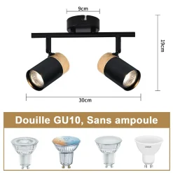 NETTLIFE Plafonnier 2 spots de bois noir GU10 LED orientable pour couloir garage salon cuisine sans ampoule