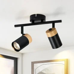 NETTLIFE Plafonnier 2 spots de bois noir GU10 LED orientable pour couloir garage salon cuisine sans ampoule