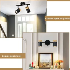 NETTLIFE Plafonnier 2 spots de bois noir GU10 LED orientable pour couloir garage salon cuisine sans ampoule