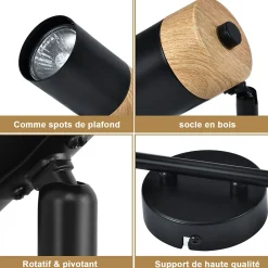 NETTLIFE Plafonnier 2 spots de bois noir GU10 LED orientable pour couloir garage salon cuisine sans ampoule