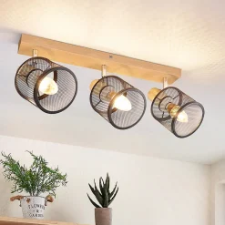 NETTLIFE Plafonnier 3 Spots noir aspect bois - plafonnier E14,4 ampoules max 25w moderne pour salon chambre cuisine.