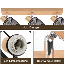 NETTLIFE Plafonnier 3 Spots noir aspect bois - plafonnier E14,4 ampoules max 25w moderne pour salon chambre cuisine.