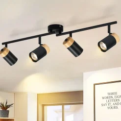 NETTLIFE Plafonnier 4 spots bois GU10 noir orientable pour salon chambre cuisine chambre d'enfant sans ampoule