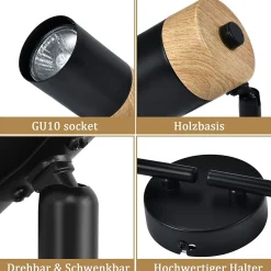 NETTLIFE Plafonnier 4 spots bois GU10 noir orientable pour salon chambre cuisine chambre d'enfant sans ampoule