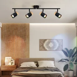NETTLIFE Plafonnier 4 spots bois GU10 noir orientable pour salon chambre cuisine chambre d'enfant sans ampoule