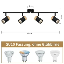 NETTLIFE Plafonnier 4 spots bois GU10 noir orientable pour salon chambre cuisine chambre d'enfant sans ampoule