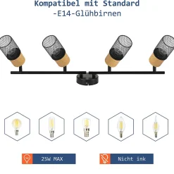 NETTLIFE Plafonnier bois E14 Lampe de plafond orientable Applique murale vintage Lampe de cuisine Orientable sans ampoule