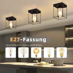 NETTLIFE Plafonnier couloir plafonnier verre 1 ampoule E27 vintage avec métal noir style industriel rétro