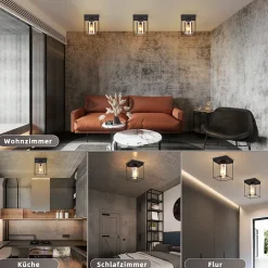 NETTLIFE Plafonnier couloir plafonnier verre 1 ampoule E27 vintage avec métal noir style industriel rétro