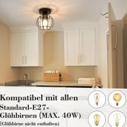 NETTLIFE Plafonnier Cristal Noir Moderne E27 Lampe de Cuisine Vintage avec Cadre en Métal