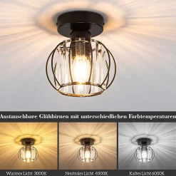 NETTLIFE Plafonnier Cristal Noir Moderne E27 Lampe de Cuisine Vintage avec Cadre en Métal