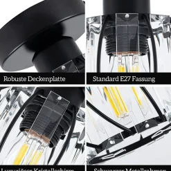 NETTLIFE Plafonnier Cristal Noir Moderne E27 Lampe de Cuisine Vintage avec Cadre en Métal