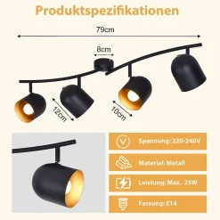 NETTLIFE Plafonnier E14 noir doré spot de plafond lampe de couloir industrielle vintage orientable sans ampoule