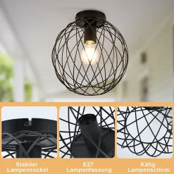 NETTLIFE Plafonnier industriel noir lampe de couloir vintage rond E27 1 ampoule rétro métal