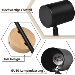 NETTLIFE Plafonnier LED 2 flamme - Noir Plafonnier GU10 Spot pivotant Applique murale en bois Spot mural pour salon Sans ampoule