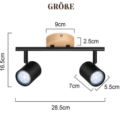NETTLIFE Plafonnier LED 2 flamme - Noir Plafonnier GU10 Spot pivotant Applique murale en bois Spot mural pour salon Sans ampoule