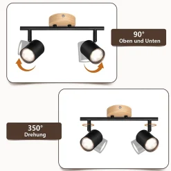 NETTLIFE Plafonnier LED 2 flamme - Noir Plafonnier GU10 Spot pivotant Applique murale en bois Spot mural pour salon Sans ampoule