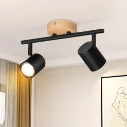NETTLIFE Plafonnier LED 2 flamme - Noir Plafonnier GU10 Spot pivotant Applique murale en bois Spot mural pour salon Sans ampoule