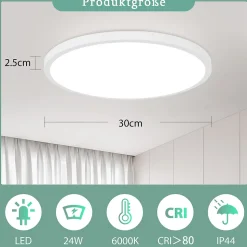 NETTLIFE Plafonnier LED 30 cm Lampe de cuisine plate Lampe blanche ronde 24 W à coucher IP44 6000 K Lampe de couloir