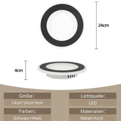 NETTLIFE Plafonnier LED 23 W Noir Ronde Moderne Blanc Chaud 24 cm Lampe de Chambre pour Cuisine Couloir Salon