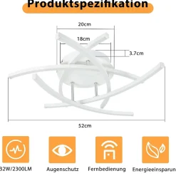 NETTLIFE Plafonnier LED Chambre Dimmable 32w Moderne Blanc Métal Avec Télécommande