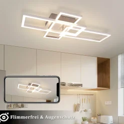 NETTLIFE Plafonnier LED Chambre Argent Dimmable 64CM 36W Géométrique Salon avec Télécommande