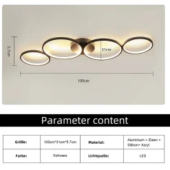 NETTLIFE Plafonnier LED Dimmable 100cm 4 Anneaux Moderne 56w Éclairage De Plafond Noir Avec Télécommande