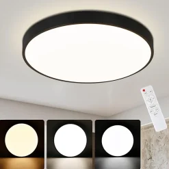 NETTLIFE Plafonnier LED dimmable avec télécommande 36W lampe de salle de bain noir IP44 étanche plat 37cm rond