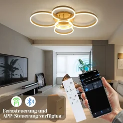 NETTLIFE Plafonnier LED de salon à intensité variable 78 W 3 000-6 500 K, 5 anneaux dorés en acrylique moderne avec télécommande