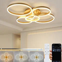 NETTLIFE Plafonnier LED de salon à intensité variable 78 W 3 000-6 500 K, 5 anneaux dorés en acrylique moderne avec télécommande