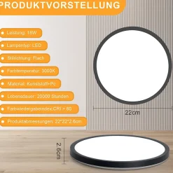 NETTLIFE Plafonnier LED IP44 Salle de Bain 22cm Noir, Lampe de Plafond Ultra Mince 18W 3000K Blanc Chaud, Design Losange