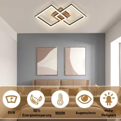 NETTLIFE Plafonnier LED Noir Bois 3000K Blanc Chaud Design Moderne 24W