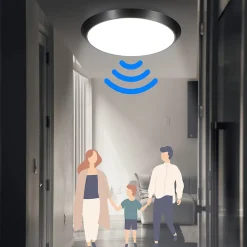 NETTLIFE Plafonnier LED noir, IP44, 15W, avec détecteur de mouvement intérieur, lampe ronde de cave 30 cm, 4000K