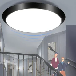 NETTLIFE Plafonnier LED noir, IP44, 15W, avec détecteur de mouvement intérieur, lampe ronde de cave 30 cm, 4000K