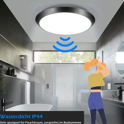 NETTLIFE Plafonnier LED noir, IP44, 15W, avec détecteur de mouvement intérieur, lampe ronde de cave 30 cm, 4000K