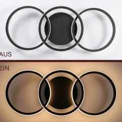 NETTLIFE Plafonnier LED Noir moderne Rond avec blanc chaud lampe de cuisine 36W pour salon, salle à manger, chambre, couloir