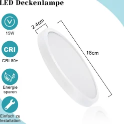 NETTLIFE Plafonnier LED plat 18 cm - 15 W, Blanc, 6000 K - Éclairage moderne cuisine, couloir, chambre