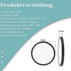 NETTLIFE Plafonnier LED Plat pour à Coucher Noir 23cm à Coucher 18W Lampe de Lampe de Couloir carrée 4000K pour Salle de Bain