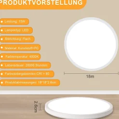 NETTLIFE Plafonnier LED Plat Pour Chambre à Coucher 18 Cm 15w Non Dimmable Blanc Chaud 4000 K