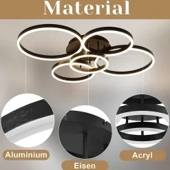 NETTLIFE Plafonnier LED pour salon, intensité variable, 78 W, 3 000-6 500 K, 5 anneaux, en acrylique doré, avec télécommande