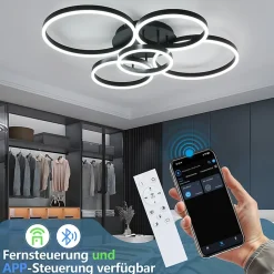NETTLIFE Plafonnier LED pour salon, intensité variable, 78 W, 3 000-6 500 K, 5 anneaux, en acrylique doré, avec télécommande