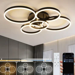 NETTLIFE Plafonnier LED pour salon, intensité variable, 78 W, 3 000-6 500 K, 5 anneaux, en acrylique doré, avec télécommande