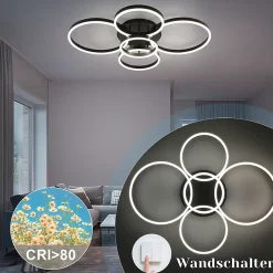 NETTLIFE Plafonnier LED pour salon, intensité variable, 78 W, 3 000-6 500 K, 5 anneaux, en acrylique doré, avec télécommande