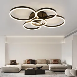 NETTLIFE Plafonnier LED pour salon, intensité variable, 78 W, 3 000-6 500 K, 5 anneaux, en acrylique doré, avec télécommande